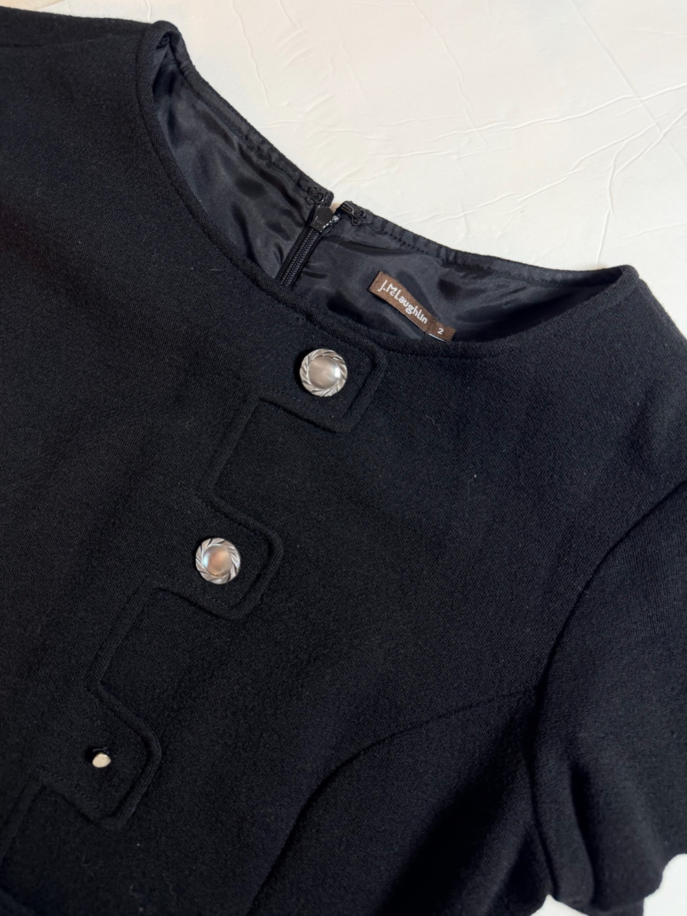 J. McLaughlin Wool Sheath Dress Size 2 Black Short Sleeve Preppy Missing Button